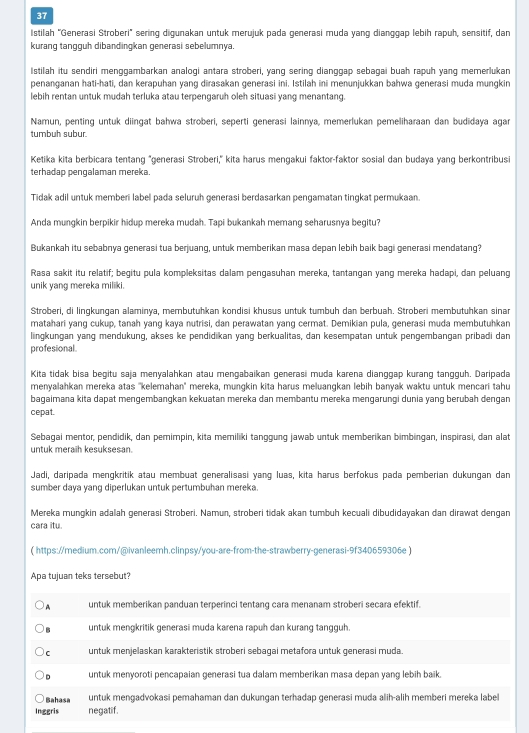 Istilah “Generasi Stroberi" sering digunakan untuk merujuk pada generasi muda yang dianggap lebih rapuh, sensitif, dan
kurang tangguh dibandingkan generasi sebelumnya.
Istilah itu sendiri menggambarkan analogi antara stroberi, yang sering dianggap sebagai buah rapuh yang memerlukan
penanganan hati-hati, dan kerapuhan yang dirasakan generasi ini. Istilah ini menunjukkan bahwa generasi muda mungkin
lebih rentan untuk mudah terluka atau terpengaruh oleh situasi yang menantang.
Namun, penting untuk diingat bahwa stroberi, seperti generasi lainnya, memerlukan pemeliharaan dan budidaya agar
tumbuh subur.
Ketika kita berbicara tentang "generasi Stroberi," kita harus mengakui faktor-faktor sosial dan budaya yang berkontribusi
terhadap pengalaman mereka.
Tidak adil untuk memberi label pada seluruh generasi berdasarkan pengamatan tingkat permukaan.
Anda mungkin berpikir hidup mereka mudah. Tapi bukankah memang seharusnya begitu?
Bukankah itu sebabnya generasi tua berjuang, untuk memberikan masa depan lebih baik baqi generasi mendatang?
Rasa sakit itu relatif; begitu pula kompleksitas dalam pengasuhan mereka, tantangan yang mereka hadapi, dan peluang
unik yang mereka miliki.
Stroberi, di lingkungan alaminya, membutuhkan kondisi khusus untuk tumbuh dan berbuah. Stroberi membutuhkan sina
matahari yang cukup, tanah yang kaya nutrisi, dan perawatan yang cermat. Demikian pula, generasi muda membutuhkan
lngkungan yang mendukung, akses ke pendidikan yang berkualitas, dan kesempatan untuk pengembangan pribadi dan
profesional.
Kita tidak bisa begitu saja menyalahkan atau mengabaikan generasi muda karena dianggap kurang tangguh. Daripada
menyalahkan mereka atas ''kelemahan'' mereka, mungkin kita harus meluangkan lebih banyak waktu untuk mencari tahu
bagaimana kita dapat mengembangkan kekuatan mereka dan membantu mereka mengarungi dunia yang berubah dengan
cepat.
Sebagai mentor, pendidik, dan pemimpin, kita memiliki tanggung jawab untuk memberikan bimbingan, inspirasi, dan alat
untuk meraih kesuksesan.
Jadi, daripada mengkritik atau membuat generalisasi yang luas, kita harus berfokus pada pemberian dukungan dan
sumber daya yang diperlukan untuk pertumbuhan mereka.
Mereka mungkin adalah generasi Stroberi. Namun, stroberi tidak akan tumbuh kecuali dibudidayakan dan dirawat dengan
cara itu.
 https://medium.com/@ivanleemh.clinpsy/you-are-from-the-strawberry-generasi-9f340659306e
Apa tujuan teks tersebut?
A untuk memberikan panduan terperinci tentang cara menanam stroberi secara efektif.
B untuk mengkritik generasi muda karena rapuh dan kurang tangguh.
c untuk menjelaskan karakteristik stroberi sebagai metafora untuk generasi muda
D untuk menyoroti pencapaian generasi tua dalam memberikan masa depan yang lebih baik.
Bahasa untuk mengadvokasi pemahaman dan dukungan terhadap generasi muda alih-alih memberi mereka label
Inggris negatif.