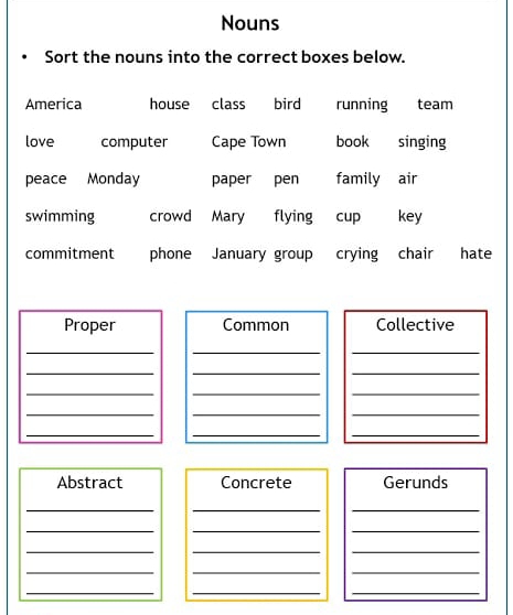 Nouns 
Sort the nouns into the correct boxes below. 
America house class bird running team 
love computer Cape Town book singing 
peace Monday paper pen family air 
swimming crowd Mary flying cup key 
commitment phone January group crying chair hate 
Proper Common Collective 
_ 
__ 
__ 
_ 
_ 
__ 
_ 
__ 
_ 
__ 
Abstract Concrete Gerunds 
_ 
__ 
_ 
__ 
_ 
__ 
_ 
__ 
_ 
__