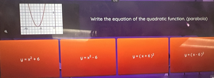 Write the equation of the quadratic function. (parabola)
y=x^2+6
y=x^2-6
y=(x+6)^2 y=(x-6)^2