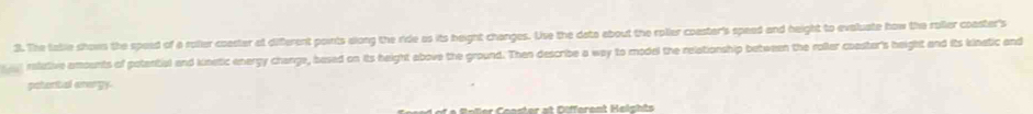 The table show the speed of a roller coaster at different points along the ride as its height changes. Use the dato about the roller coaster's speed and height to evaluate how the roller coaster's 
relative amounts of potential and kinetic energy change, based on its height above the ground. Then describe a way to model the relationship between the roller coaster's height and its kinatic and 
potental avergy.