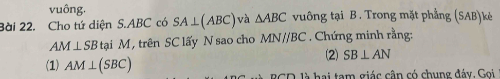 vuông. 
Bài 22. Cho tứ diện S. ABC có SA⊥ (ABC) và △ ABC vuông tại B. Trong mặt phẳng (SAB)kẻ
AM⊥ SB tại M , trên SC lấy N sao cho MN//BC. Chứng minh rằng: 
(2) SB⊥ AN
(1) AM⊥ (SBC)
BCD là hai tam giác cân có chung đáy. Goi