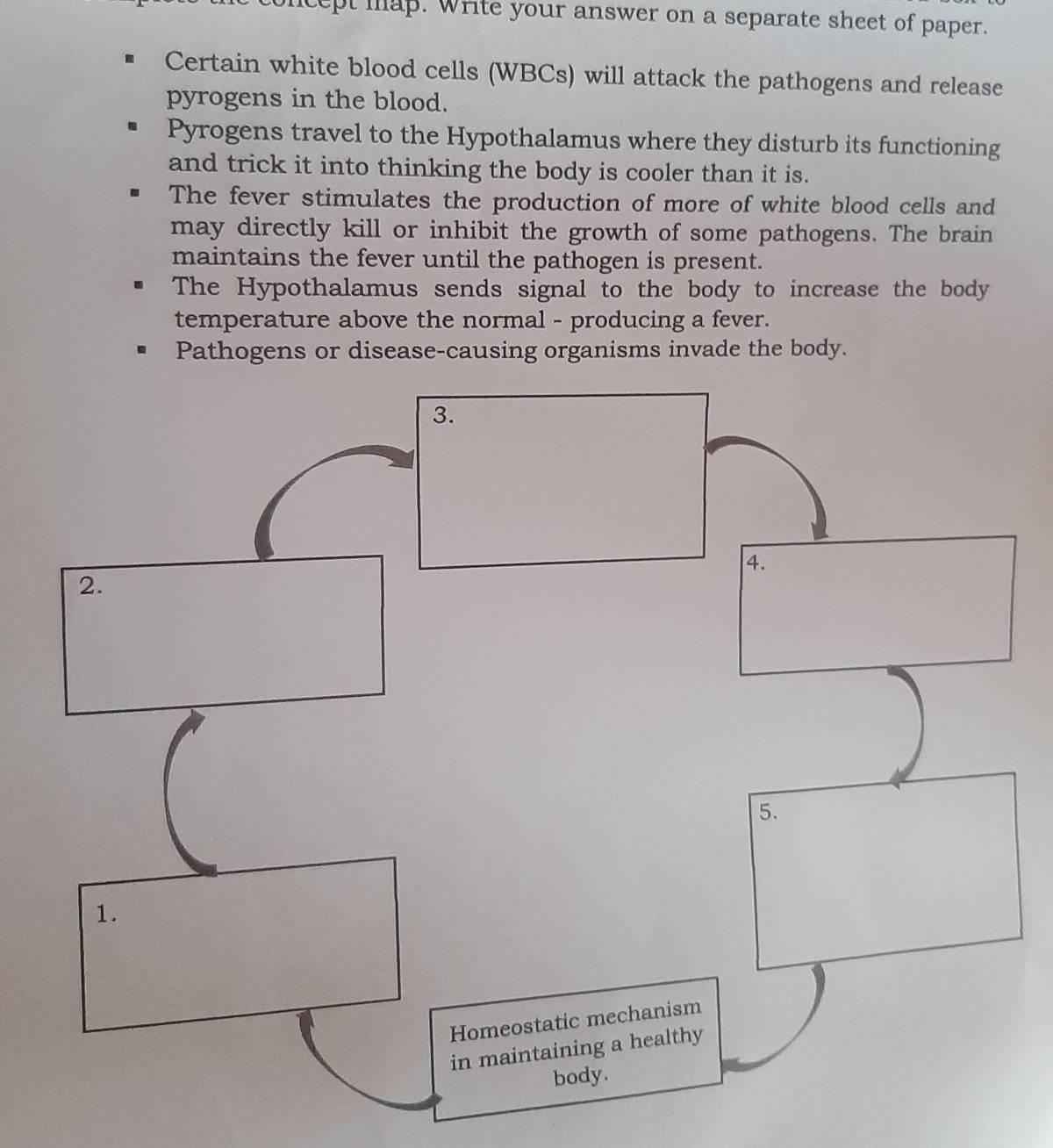 ncept map. write your answer on a separate sheet of paper.
Certain white blood cells (WBCs) will attack the pathogens and release
pyrogens in the blood.
Pyrogens travel to the Hypothalamus where they disturb its functioning
and trick it into thinking the body is cooler than it is.
The fever stimulates the production of more of white blood cells and
may directly kill or inhibit the growth of some pathogens. The brain
maintains the fever until the pathogen is present.
The Hypothalamus sends signal to the body to increase the body
temperature above the normal - producing a fever.
Pathogens or disease-causing organisms invade the body.