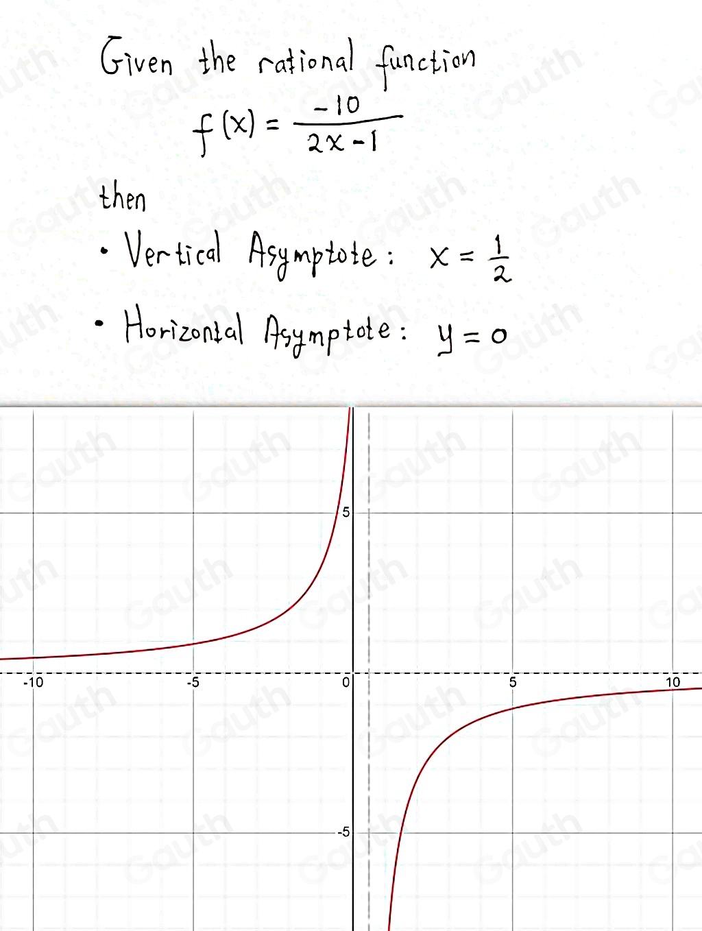 Given the rational function
f(x)= (-10)/2x-1 
then 
Vertical Asymptote: x= 1/2 
Horizonial Asymptote: y=0