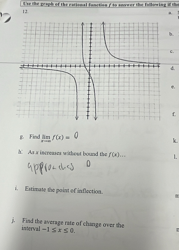 Use the graph of the rational function f to answer the following if the 
12. 
a. 
b. 
c. 
d. 
e. 
f. 
g. Find limlimits _xto ∈fty f(x)=0
k. 
h: As x increases without bound the f(x)... 1. 
i. Estimate the point of inflection. 
n 
j. Find the average rate of change over the 
interval -1≤ x≤ 0. 
n