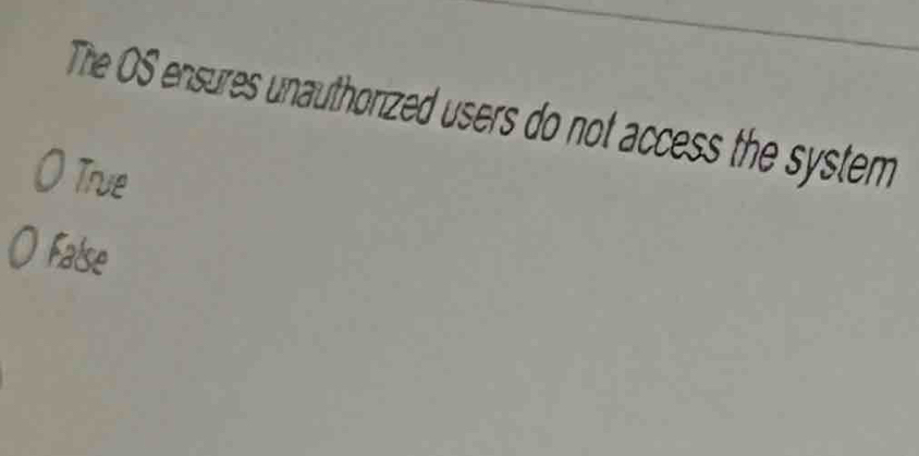 The OS ensures unauthorized users do not access the system
O True
O False