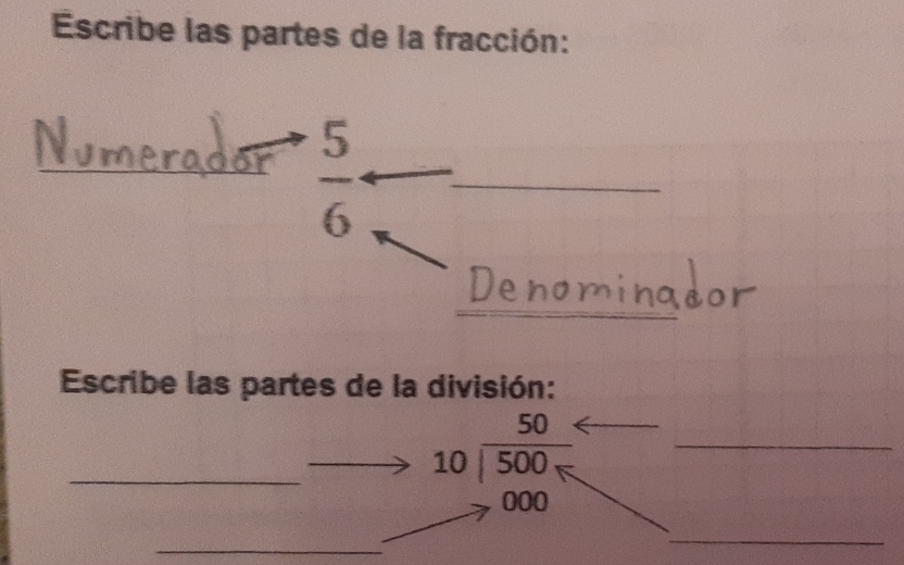 Escribe las partes de la fracción:
 5/6 
_ 
_ 
Escribe las partes de la división: 
_ 
_ beginarrayr 50 10encloselongdiv 500endarray
000 
_ 
_