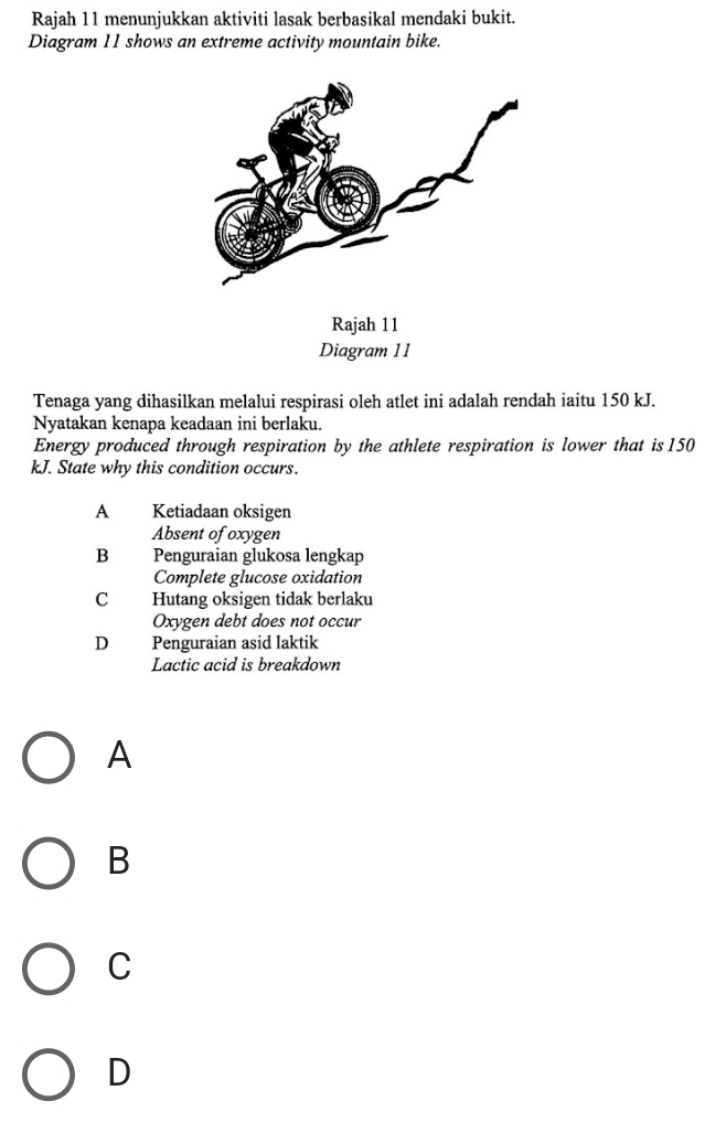 Rajah 11 menunjukkan aktiviti lasak berbasikal mendaki bukit.
Diagram 11 shows an extreme activity mountain bike.
Diagram 11
Tenaga yang dihasilkan melalui respirasi oleh atlet ini adalah rendah iaitu 150 kJ.
Nyatakan kenapa keadaan ini berlaku.
Energy produced through respiration by the athlete respiration is lower that is 150
kJ. State why this condition occurs.
A Ketiadaan oksigen
Absent of oxygen
B Penguraian glukosa lengkap
Complete glucose oxidation
C Hutang oksigen tidak berlaku
Oxygen debt does not occur
D Penguraian asid laktik
Lactic acid is breakdown
A
B
C
D