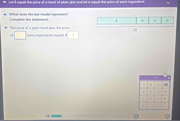 ) Let b equal the price of a bowl of plain phở and let n equal the price of each ingredient. 
@ What does the bar model represent? 
Complete the statement. 
4 The price of a plain bowl plus the price 
of extra ingredients equals $ ? 
X
7 8 9
4 5 6
1 2 3
a 
| 4
①