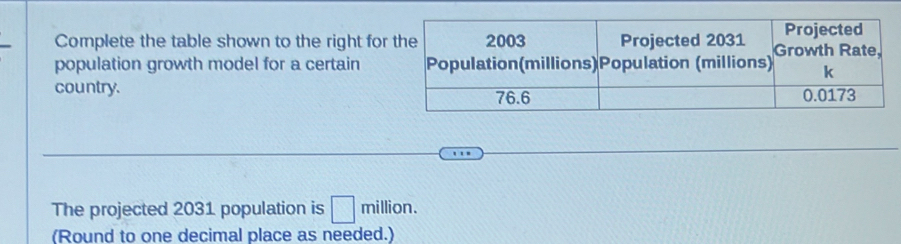 Complete the table shown to the right for 
population growth model for a certain 
country. 
The projected 2031 population is □ million. 
(Round to one decimal place as needed.)