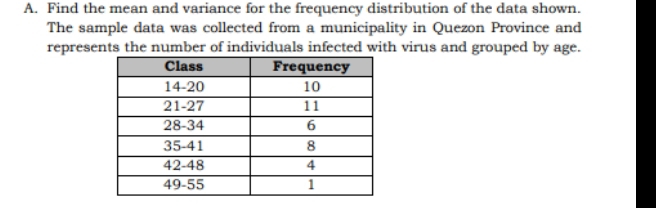 Find the mean and variance for the frequency distribution of the data shown. 
The sample data was collected from a municipality in Quezon Province and 
represents the number of individuals infected with virus and grouped by age.