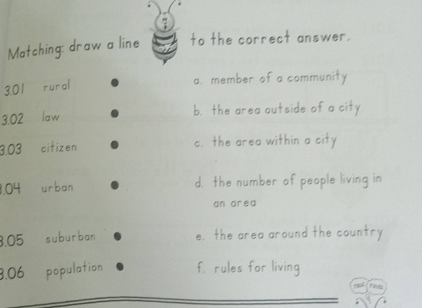 Matching: draw a line
to the correct answer.
3.01 rural
a. member of a community
3. 02 law
b. the area outside of a city
3. 03 citizen
c. the area within a city
8. 04 urban
d. the number of people living in
an area
3. 05 suburban e. the area around the country
3. 06 population
f. rules for living