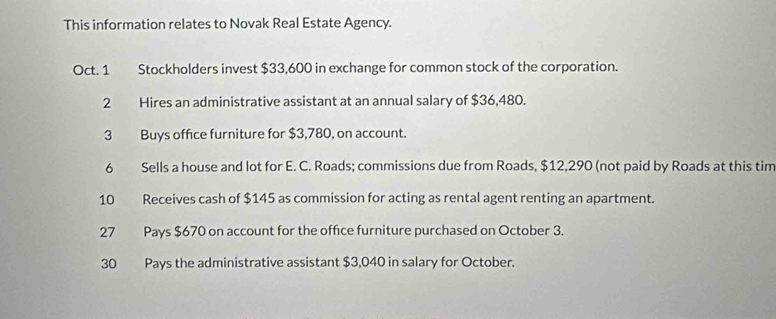 This information relates to Novak Real Estate Agency. 
Oct. 1 Stockholders invest $33,600 in exchange for common stock of the corporation. 
2 Hires an administrative assistant at an annual salary of $36,480. 
3 Buys office furniture for $3,780, on account. 
6 Sells a house and lot for E. C. Roads; commissions due from Roads, $12,290 (not paid by Roads at this tim 
10 Receives cash of $145 as commission for acting as rental agent renting an apartment. 
27 Pays $670 on account for the office furniture purchased on October 3. 
30 Pays the administrative assistant $3,040 in salary for October.