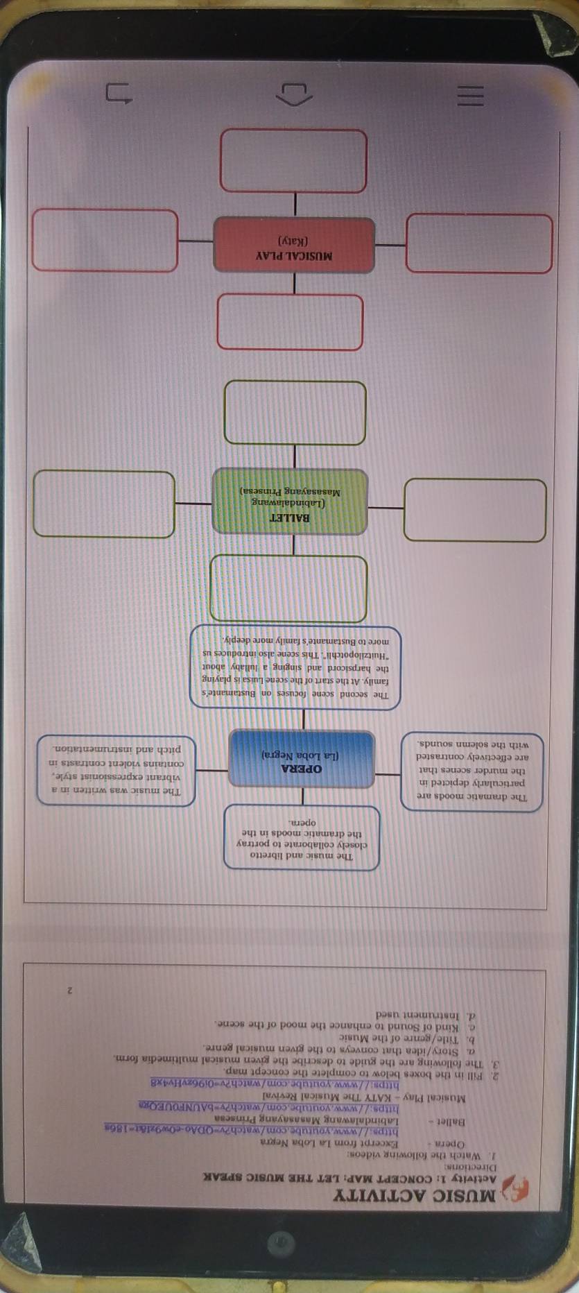 MUSIC ACTIVITY 
Activity 1: CONCEPT MAP: LET THE MUSIC SPEAK 
Directions 
1. Watch the following videos: 
Opera - Excerpt from La Loba Negra 
https://www.youtube.com/watch?v=ODAo-e0w9zI&t=186s 
Ballet - Labindalawang Masasavang Prínsesa 
https://www.youtube.com/watch?v=bAUNF0UEOgs 
Musical Play - KATY The Musical Revival 
https://www.youtube.com/watch?v=0i96zvHv4x8 
2. Fill in the boxes below to complete the concept map. 
3. The following are the guide to describe the given musical multimedia form 
a. Story/idea that conveys to the given musical genre 
b. Title/genre of the Music 
c. Kind of Sound to enhance the mood of the scene. 
d. Instrument used 
2 
The music and libretto 
closely collaborate to portray 
the dramatic moods in the 
opera 
The dramatic moods are The music was written in a 
particularly depicted in vibrant expressionist style 
the murder scenes that OPERA 
are effectively contrasted (La Loba Negra) pitch and instrumentation 
with the solemn sounds. 
The second scene focuses on Bustamante's 
family. At the start of the scene Luisa is playing 
the harpsicord and singing a lullaby about 
"Huitzilopotchli". This scene also introduces us 
more to Bustamante's family more deeply. 
BALLET 
(Labindalawang 
Masasayang Prinsesa) 
MUSICAL PLAY 
(Katy)