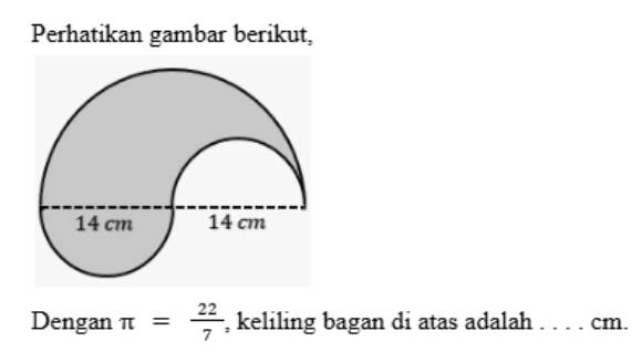 Perhatikan gambar berikut, 
Dengan π = 22/7  , keliling bagan di atas adalah ..... cm.