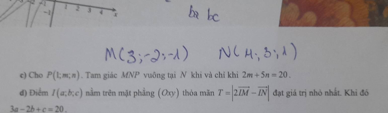 A1 1 2 3 4 x
-1
c) Cho P(1;m;n). Tam giác MNP vuông tại N khi và chỉ khi 2m+5n=20. 
d) Điểm I(a;b;c) nằm trên mặt phẳng (Oxy) thỏa mãn T=|2vector IM-vector IN| đạt giá trị nhỏ nhất. Khi đó
3a-2b+c=20.