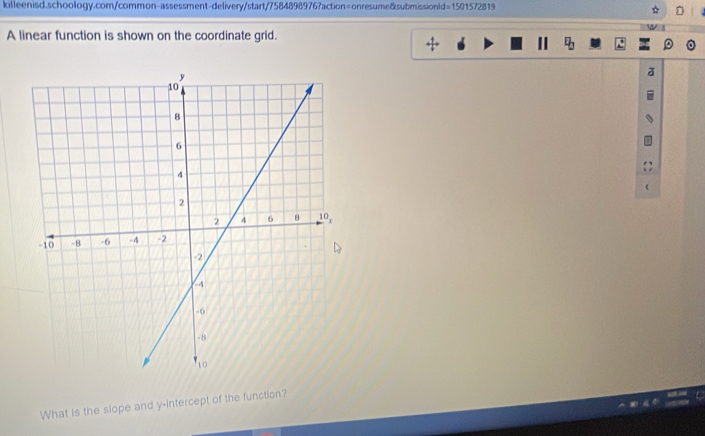 A linear function is shown on the coordinate grid. 
+ 
What is the slope and y-intercept of the function?