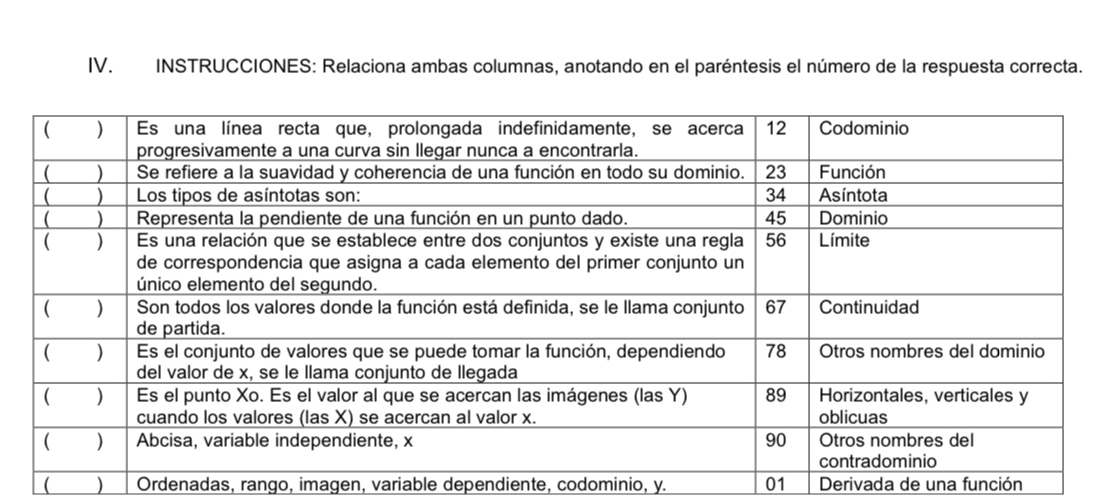 INSTRUCCIONES: Relaciona ambas columnas, anotando en el paréntesis el número de la respuesta correcta. 
( ) Ordenadas, rango, imagen, variable dependiente, codominio, y. 01 Derivada de una función