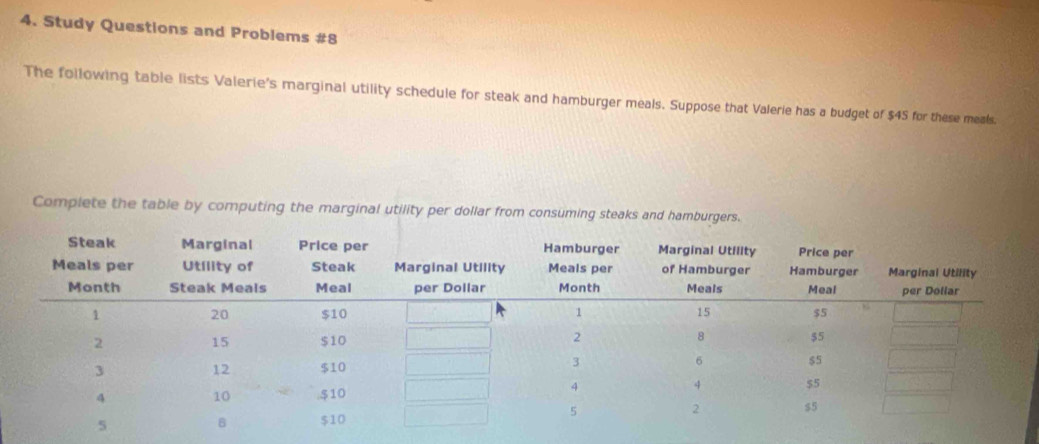 Study Questions and Problems #8 
The following table lists Valerie's marginal utility schedule for steak and hamburger meals. Suppose that Valerie has a budget of $45 for these meals. 
Complete the table by computing the marginal utility per dollar from consuming steaks and hamburgers.