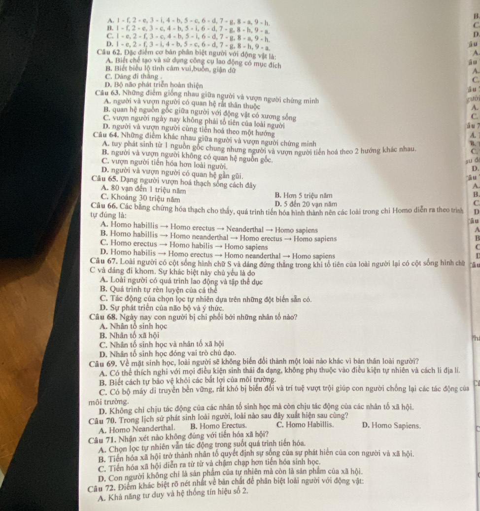 A. 1-f,2-e,3-i,4-b,5-c,6-d,7-g,8-a,9-h. C.
B. 1-f,2-e,3-e,4-b,5-i,6-d,7-g,8-h,9-a. p
C. 1-e,2-f,3-c,4-b,5-i,6-d,7-g,8-a,9-h âu
D. 1-e,2-f,3-i,4-b,5-c,6-d,7-g,8-h,9-a
Câu 62. Đặc điểm cơ bản phân biệt người với động vật là:
A.
âu
A. Biết chế tạo và sử dụng công cụ lao động có mục đích A.
B. Biết biểu lộ tình cảm vui,buồn, giận dữ
C. Dáng đi thăng .
C.
D. Bộ não phát triển hoàn thiện 'âu
gười
Câu 63. Những điểm giống nhau giữa người và vượn người chứng minh A.
A. người và vượn người có quan hệ rất thân thuộc
B. quan hệ nguồn gốc giữa người với động vật có xương sống
C.
C. vượn người ngày nay không phải tổ tiên của loài người A.
âu 7
D. người và vượn người cùng tiên hoá theo một hướng
Cầu 64. Những điểm khác nhau giữa người và vượn người chứng minh
B. ?
A. tuy phát sinh từ 1 nguồn gốc chung nhưng người và vượn người tiến hoá theo 2 hướng khác nhau.
C.
B. người và vượn người không có quan hệ nguồn gốc.
au d
C. vượn người tiến hóa hơn loài người. âu
D.
D. người và vượn người có quan hệ gần gũi.
Câu 65. Dạng người vượn hoá thạch sống cách đây
A.
A. 80 vạn đến 1 triệu năm B. Hơn 5 triệu năm C.
B.
C. Khoảng 30 triệu năm D. 5 đến 20 vạn năm
Câu 66. Các bằng chứng hóa thạch cho thấy, quá trình tiến hóa hình thành nên các loài trong chi Homo diễn ra theo trình D
tự đúng là:
âu
A
A. Homo habillis → Homo erectus → Neanderthal → Homo sapiens B
B. Homo habillis → Homo neanderthal → Homo erectus → Homo sapiens
C. Homo erectus → Homo habilis → Homo sapiens C
D. Homo habilis → Homo erectus → Homo neanderthal → Homo sapiens D
Câu 67. Loài người có cột sống hình chữ S và dáng đứng thăng trong khi tổ tiên của loài người lại có cột sống hình chữ âu
C và dáng đi khom. Sự khác biệt này chủ yếu là do
A. Loài người có quá trình lao động và tập thể dục
B. Quá trình tự rèn luyện của cá thể
C. Tác động của chọn lọc tự nhiên dựa trên những đột biến sẵn có.
D. Sự phát triển của não bộ và ý thức.
Câu 68. Ngày nay con người bị chi phối bởi những nhân tố nào?
A. Nhân tổ sinh học
B. Nhân tố xã hội
?há
C. Nhân tố sinh học và nhân tố xã hội
D. Nhân tố sinh học đóng vai trò chủ đạo.
Câu 69. Về mặt sinh học, loài người sẽ không biến đổi thành một loài nào khác vì bản thân loài người?
A. Có thể thích nghi với mọi điều kiện sinh thái đa dạng, không phụ thuộc vào điều kiện tự nhiên và cách li địa lí.
B. Biết cách tự bảo vệ khỏi các bất lợi của môi trường.
C. Có bộ máy di truyền bền vững, rất khó bị biển đổi và trí tuệ vượt trội giúp con người chống lại các tác động của
môi trường.
D. Không chỉ chịu tác động của các nhân tố sinh học mà còn chịu tác động của các nhân tố xã hội.
Câu 70. Trong lịch sử phát sinh loài người, loài nào sau đây xuất hiện sau cùng?
A. Homo Neanderthal. B. Homo Erectus. C. Homo Habillis. D. Homo Sapiens.
C
Câu 71. Nhận xét nào không đúng với tiến hóa xã hội?
A. Chọn lọc tự nhiên vẫn tác động trong suốt quá trình tiến hóa.
B. Tiền hóa xã hội trở thành nhân tố quyết định sự sống của sự phát hiên của con người và xã hội.
C. Tiến hóa xã hội diễn ra từ từ và chậm chạp hơn tiến hóa sinh học.
D. Con người không chỉ là sản phẩm của tự nhiên mà còn là sản phâm của xã hội.
Câu 72. Điểm khác biệt rõ nét nhất về bản chất để phân biệt loài người với động vật:
A. Khả năng tư duy và hệ thống tín hiệu số 2,