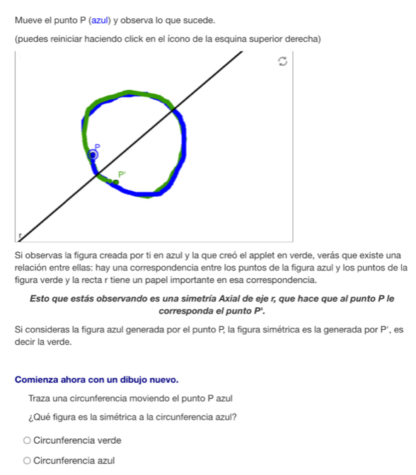 Mueve el punto P (azul) y observa lo que sucede.
(puedes reiniciar haciendo click en el ícono de la esquina superior derecha)
Si observas la figura creada por ti en azul y la que creó el applet en verde, verás que existe una
relación entre ellas: hay una correspondencia entre los puntos de la figura azul y los puntos de la
figura verde y la recta r tiene un papel importante en esa correspondencia.
Esto que estás observando es una simetría Axial de eje r, que hace que al punto P le
corresponda el punto P'. 
Si consideras la figura azul generada por el punto P, la figura simétrica es la generada por P' , es
decir la verde.
Comienza ahora con un dibujo nuevo.
Traza una circunferencia moviendo el punto P azul
¿Qué figura es la simétrica a la circunferencia azul?
Circunferencia verde
Circunferencia azul