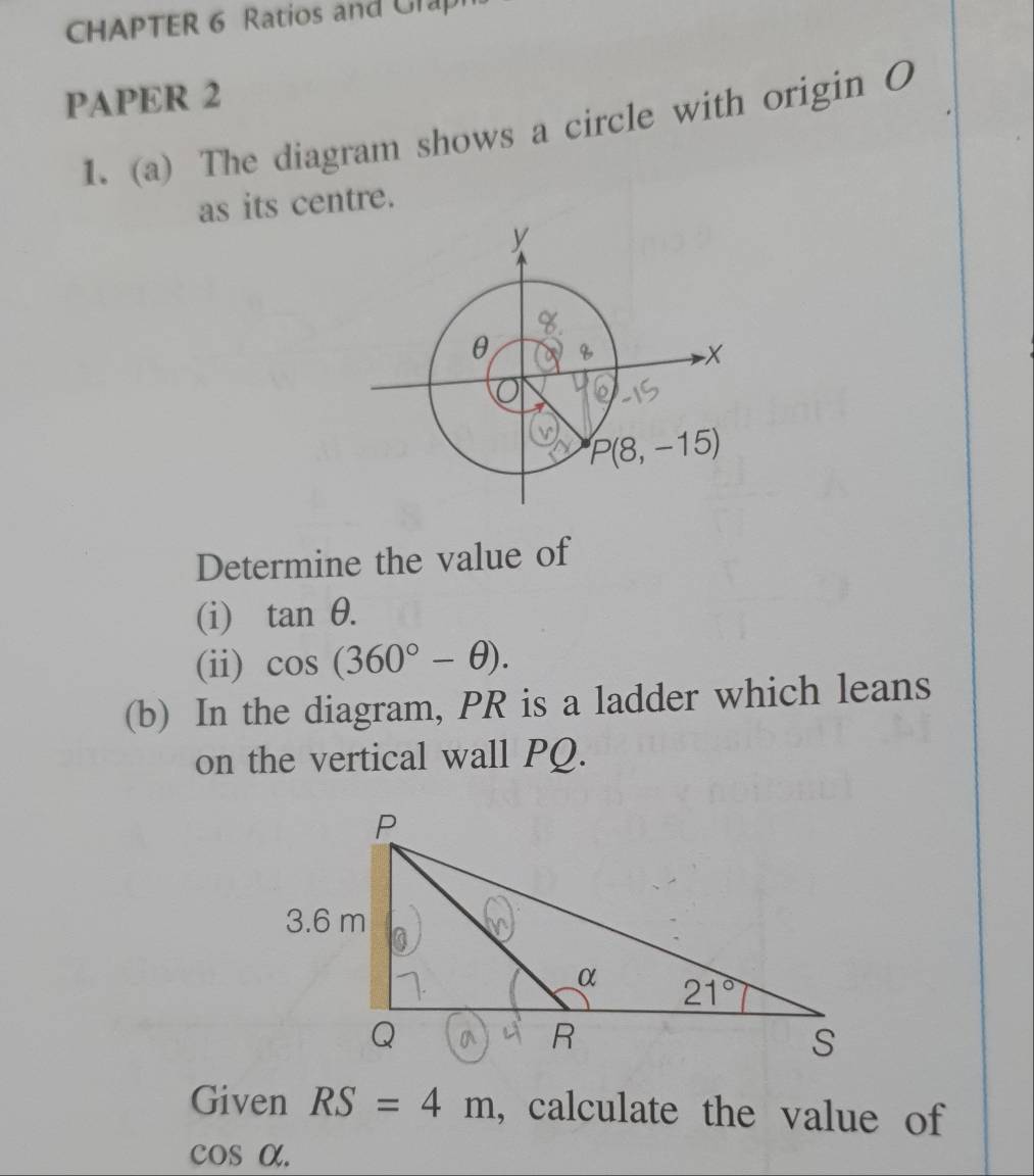 CHAPTER 6 Ratios and Grap
PAPER 2
1. (a) The diagram shows a circle with origin O
as its centre.
Determine the value of
(i) tan θ .
(ii) cos (360°-θ ).
(b) In the diagram, PR is a ladder which leans
on the vertical wall PQ.
Given RS=4m , calculate the value of
cos alpha .