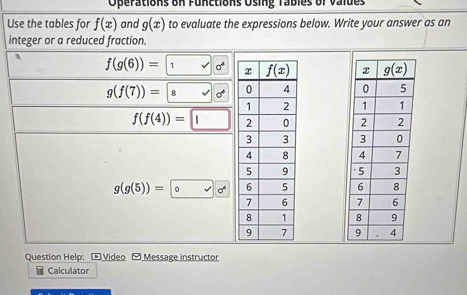 Operations on Functions Osing Tables of valdes
Use the tables for f(x) and g(x) to evaluate the expressions below. Write your answer as an
integer or a reduced fraction.
f(g(6))= 1vee  0^6
g(f(7))=
f(f(4))=□
g(g(5))= 0 sigma^4
Question Help: - Video  Message instructor
Calculator