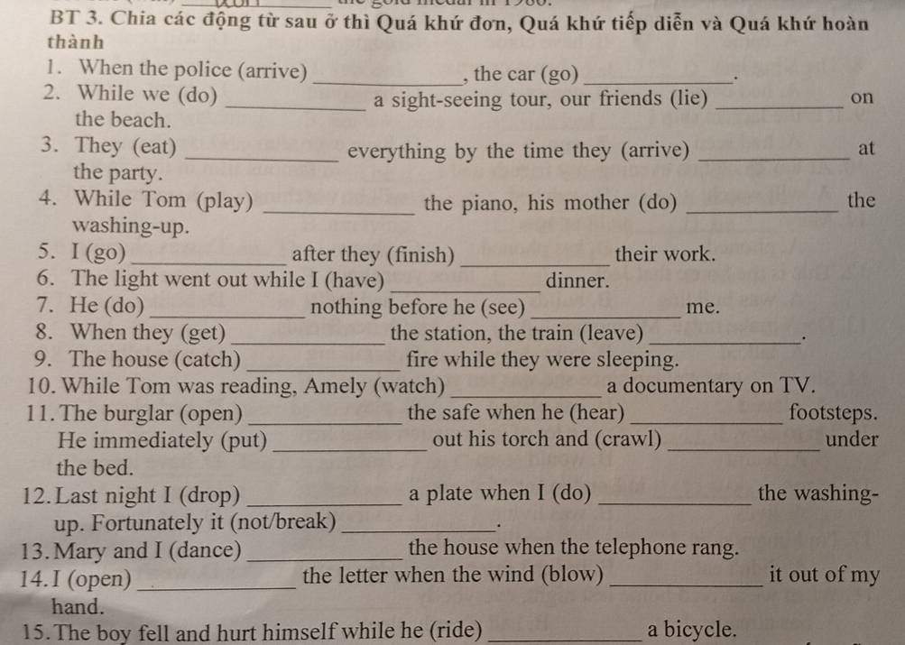 BT 3. Chia các động từ sau ở thì Quá khứ đơn, Quá khứ tiếp diễn và Quá khứ hoàn 
thành 
1. When the police (arrive) _, the car (go) _. 
2. While we (do) on 
_a sight-seeing tour, our friends (lie)_ 
the beach. 
3. They (eat) _everything by the time they (arrive) _at 
the party. 
4. While Tom (play) _the piano, his mother (do) _the 
washing-up. 
5. I (go) _after they (finish) _their work. 
6. The light went out while I (have) _dinner. 
7. He (do) _nothing before he (see) _me. 
8. When they (get) _the station, the train (leave)_ 
. 
9. The house (catch) _fire while they were sleeping. 
10. While Tom was reading, Amely (watch) _a documentary on TV. 
11. The burglar (open) _the safe when he (hear) _footsteps. 
He immediately (put) _out his torch and (crawl) _under 
the bed. 
12.Last night I (drop) _a plate when I (do) _the washing- 
up. Fortunately it (not/break)_ 
. 
13. Mary and I (dance)_ the house when the telephone rang. 
14.I (open) _the letter when the wind (blow) _it out of my 
hand. 
15. The boy fell and hurt himself while he (ride) _a bicycle.