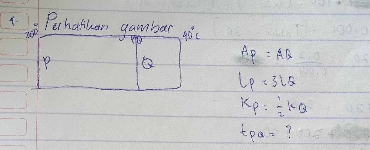 Perhatiuan gambar 40°C
20°
P
Q
AP=AQ
LP=3LQ
k_P= 1/2 kQ
t_PQ=