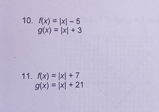 f(x)=|x|-5
g(x)=|x|+3
11. f(x)=|x|+7
g(x)=|x|+21