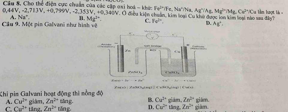 Cho thế điện cực chuẩn của các cặp oxi hoá - khử: Fe^(2+)/Fe,Na^+/Na,Ag^+/Ag,Mg^(2+)/Mg,Cu^(2+)/Cu lần lượt là -
0,44V,-2,713V,+0,799V,-2,353V,+0,340V 40V. Ở điều kiện chuẩn, kim loại Cu khử được ion kim loại nào sau đây?
A. Na^+. B. Mg^(2+).
C. Fe^(2+). D. Ag^+.
Câu 9. Một pin Galvani như hình vẽ
Zn(s)|ZnSO_4(aq)||CuSO_4(aq)|Cu(s)
Khi pin Galvani hoạt động thì nồng độ
B. Cu^(2+)
A. Cu^(2+) giảm, Zn^(2+)tan g. giảm, Zn^(2+)giam.
D. Cu^(2+)
C. Cu^(2+) tăng. Zn^(2+)tan g. tǎng, Zn^(2+)giam.