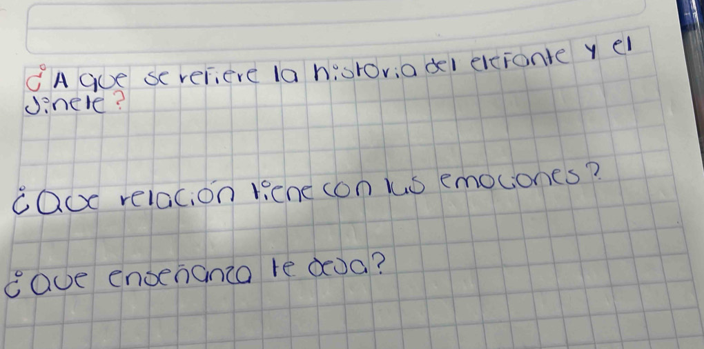 CA Ge severiere la hiarov;adel eleronte y el 
Jinere? 
Caoe relacion tiene con ls emociones? 
cace enoenanca re deoa?