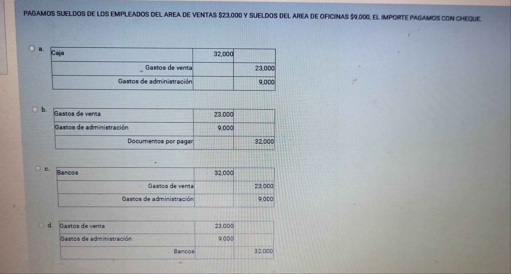 PAGAMOS SUELDOS DE LOS EMPLEADOS DEL AREA DE VENTAS $23,000 Y SUELDOS DEL AREA DE OFICINAS $9,000, EL IMPORTE PAGAMOS CON CHEQUE. 
C. Bancos 32,000
Gastos de venta 23,000
Gastos de administración 9,000