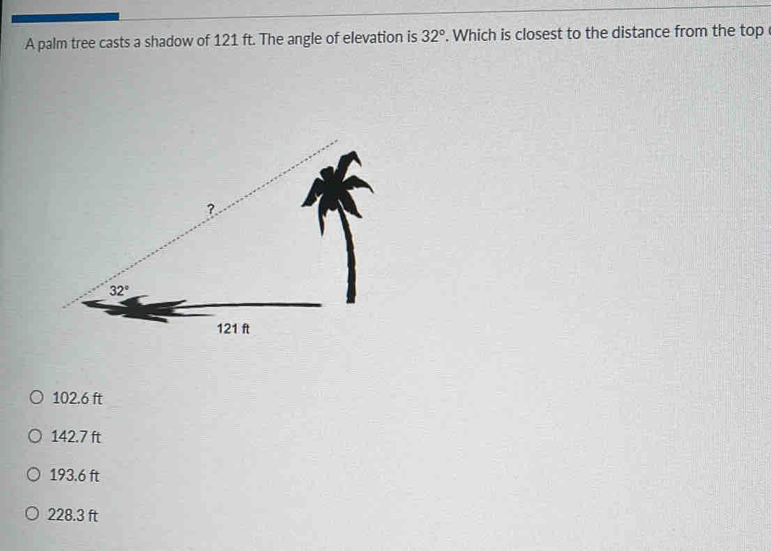 Solved: A palm tree casts a shadow of 121 ft. The angle of elevation is ...