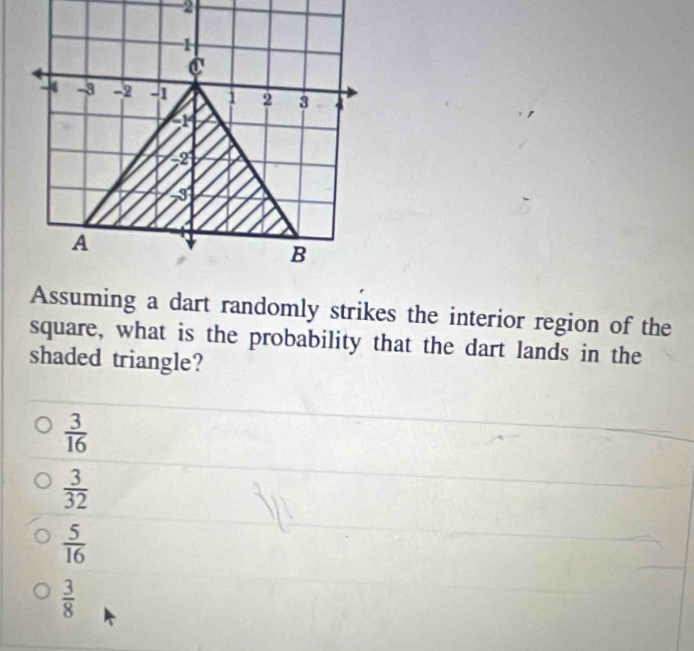 2
1
- -3 -2 -1 1 2 3
514
-2
3
A
B
Assuming a dart randomly strikes the interior region of the
square, what is the probability that the dart lands in the
shaded triangle?
 3/16 
 3/32 
 5/16 
 3/8 