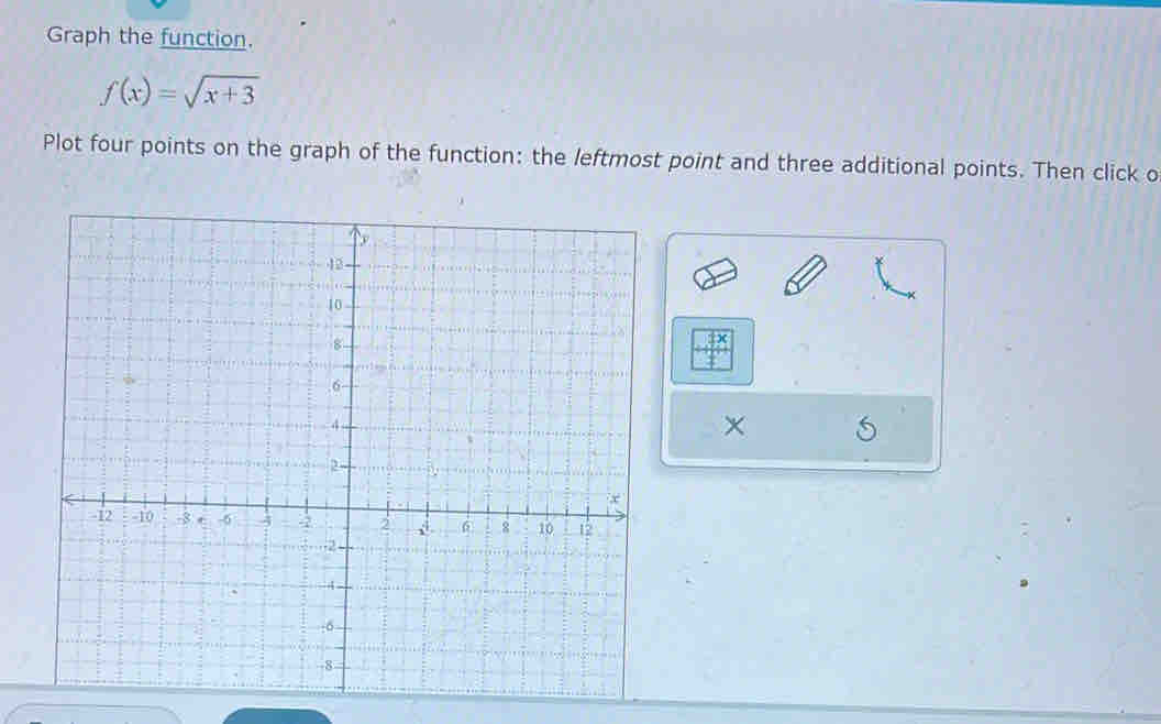 Graph the function.
f(x)=sqrt(x+3)
Plot four points on the graph of the function: the leftmost point and three additional points. Then click o
x