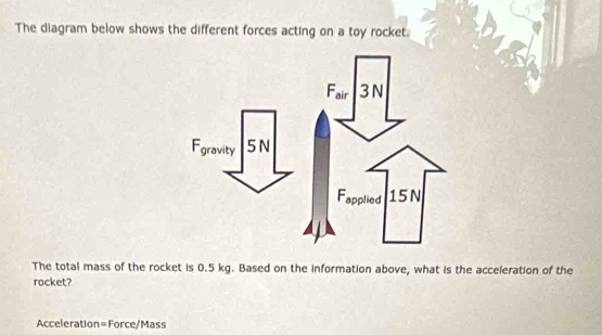 The diagram below shows the different forces acting on a toy rocket. 
The total mass of the rocket is 0.5 kg. Based on the information above, what is the acceleration of the 
rocket? 
Acceleration=Force/Mass