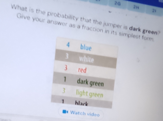 2G 
2H 
21 
What is the probability that the jumper is dark green? 
Give your answer as a fraction in its implest form 
Watch video 
h