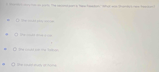 Shamila's story has six parts. The second part is "New Freedom." What was Shamila's new freedom?
She could play soccer.
She could drive a car.
She could join the Taliban.
She could study at home.