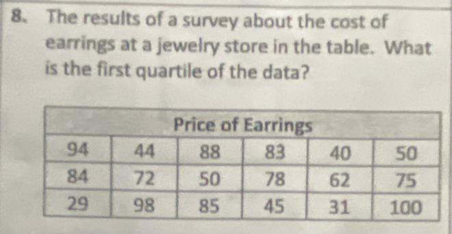 The results of a survey about the cost of 
earrings at a jewelry store in the table. What 
is the first quartile of the data?