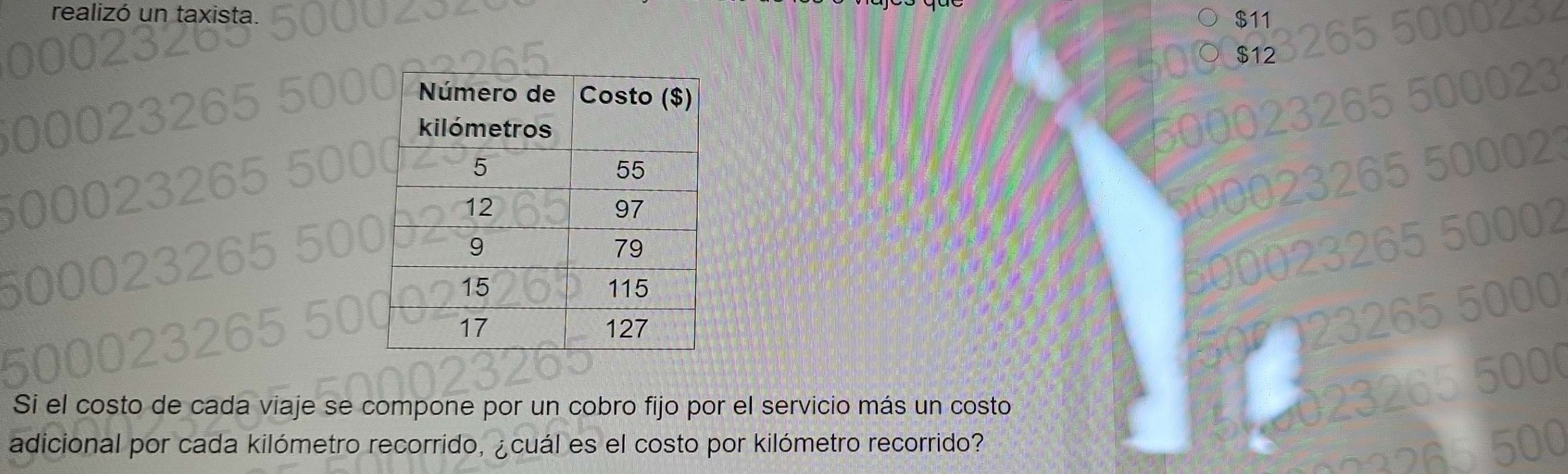 realizó un taxista $11
$12
Si el costo de cada viaje se compone por un cobro fijo por el servicio más un costo 
adicional por cada kilómetro recorrido, ¿cuál es el costo por kilómetro recorrido?