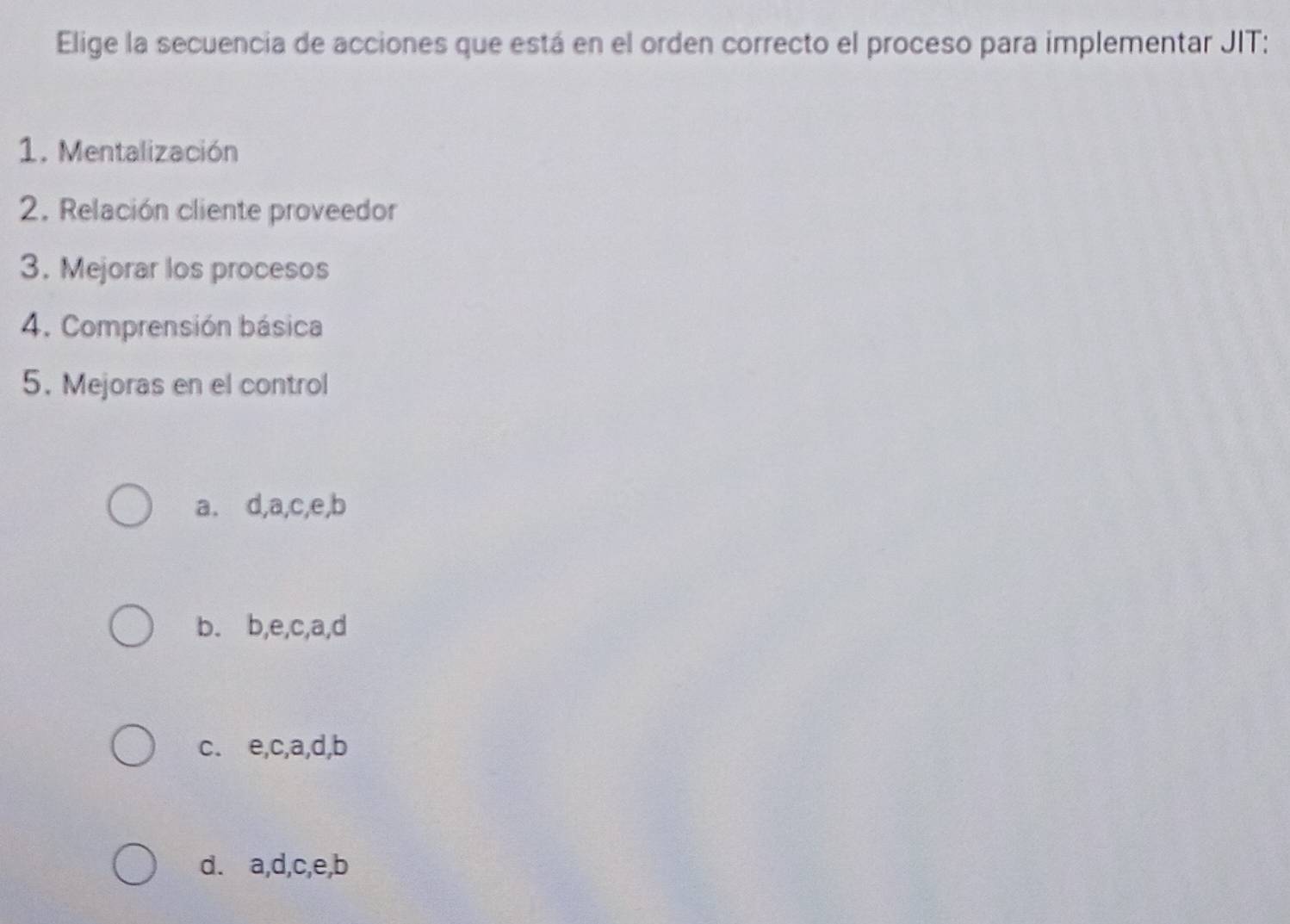 Elige la secuencia de acciones que está en el orden correcto el proceso para implementar JIT:
1. Mentalización
2. Relación cliente proveedor
3. Mejorar los procesos
4. Comprensión básica
5. Mejoras en el control
a. d, a, c, e, b
b. b, e, c, a, d
c. e, c, a, d, b
d. a, d, c, e, b