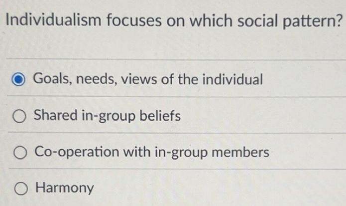Solved: Individualism focuses on which social pattern? Goals, needs ...