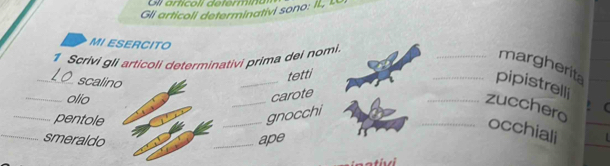 Gli articoli determinativi sono: I L, L 
MI ESERCITO 
1 Scrivi gli articoli determinativi prima del nomi. 
_ 
_margherita 
tetti 
_scalino 
_pipistrelli 
_olio 
_ 
carote 
_zucchero 
_pentole 
_gnocchi 
_occhiali _ 
_smeraldo _ape