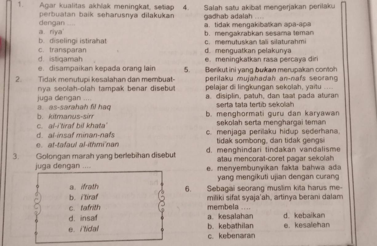 Agar kualitas akhlak meningkat, setiap 4. Salah satu akibat mengerjakan perilaku
perbuatan baik seharusnya dilakukan gadhab adalah
dengan .... a. tidak mengakibatkan apa-apa
a. riya' b. mengakrabkan sesama teman
b. diselingi istirahat c. memutuskan tali silaturahmi
c. transparan d. menguatkan pelakunya
d. istiqamah e. meningkatkan rasa percaya diri
e. disampaikan kepada orang lain 5.   Berikut ini yang bukan merupakan contoh
2. Tidak menutupi kesalahan dan membuat- perilaku mujahadah an-nafs seorang
nya seolah-olah tampak benar disebut pelajar di lingkungan sekolah, yaitu ...
juga dengan .... a. disiplin, patuh, dan taat pada aturan
a. as-sarahah fil haq serta tata tertib sekolah
b. kitmanus-sirr b. menghormati guru dan karyawan
c. al-i'tiraf bil khata' sekolah serta menghargai teman
d. al-insaf minan-nafs c. menjaga perilaku hidup sederhana,
e. at-tafaul al-ithmi'nan tidak sombong, dan tidak gengsi
3. Golongan marah yang berlebihan disebut d. menghindari tindakan vandalisme
atau mencorat-coret pagar sekolah
juga dengan ....
e. menyembunyikan fakta bahwa ada
yang mengikuti ujian dengan curang
a. ifrath
6. Sebagai seorang muslim kita harus me-
b. i'tiraf miliki sifat syaja'ah, artinya berani dalam
c. tafrith membela ....
d. insaf a. kesalahan d. kebaikan
e. i'tidal b. kebathilan e. kesalehan
c. kebenaran