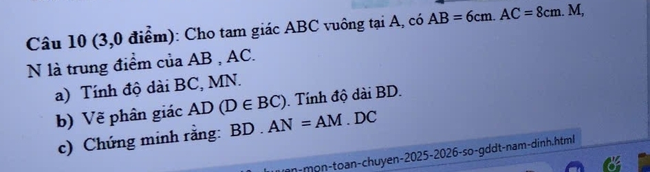 (3,0 điểm): Cho tam giác ABC vuông tại A, có AB=6cm. AC=8cm.. M, 
N là trung điểm của AB , AC. 
a) Tính độ dài BC, MN. 
b) Vẽ phân giác AD(D∈ BC). Tính độ dài BD. 
c) Chứng minh rằng: BD. AN=AM.DC
n-mon-toan-chuyen-2025-2026-so-gddt-nam-dinh.html