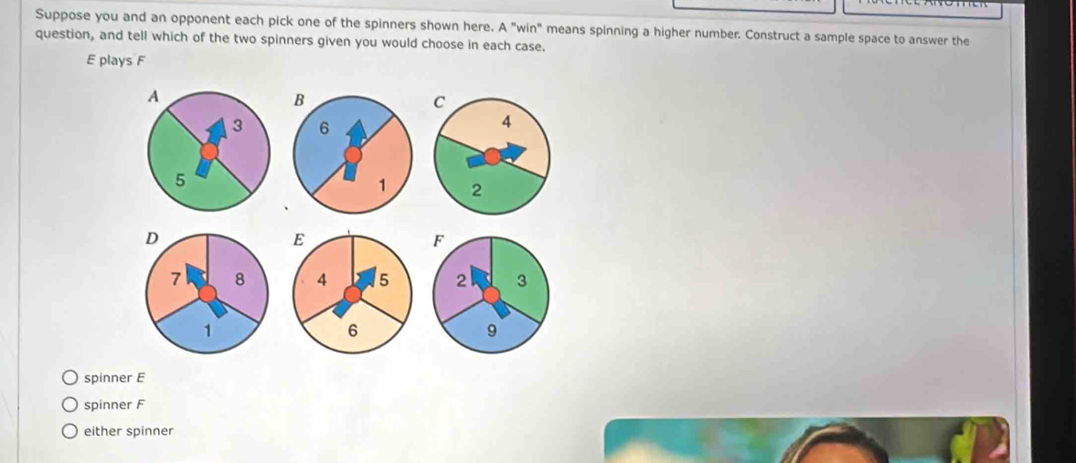 Suppose you and an opponent each pick one of the spinners shown here. A''win'' means spinning a higher number. Construct a sample space to answer the
question, and tell which of the two spinners given you would choose in each case.
E plays F
B
C
6
4
1 2
F
2 3
9
spinner E
spinner F
either spinner