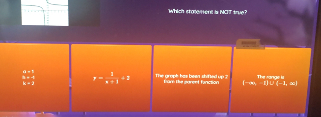 Which statement is NOT true?
a=1
h=-1
k=2
y= 1/x+1 +2 The graph has been shifted up 2 The range is
from the parent function (-∈fty ,-1)∪ (-1,∈fty )