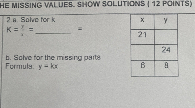 HE MISSING VALUES. SHOW SOLUTIONS ( 12 POINTS)
2.a. Solve for k
K= y/x = _
=
b. Solve for the missing parts
Formula: y=kx