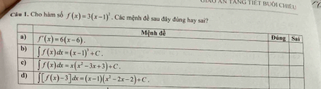 Liau Xn tăng tiết buổi chiêu
Câu 1. Cho hàm số f(x)=3(x-1)^2. Các mệnh đề sau đây đúng hay sai?