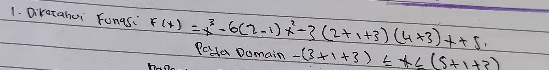 Dikatahui Fonas: F(x)=x^3-6(2-1)x^2-3(2+1+3)(4+3)x+5
Pada Domain -(3+1+3)≤ x≤ (5+1+3)